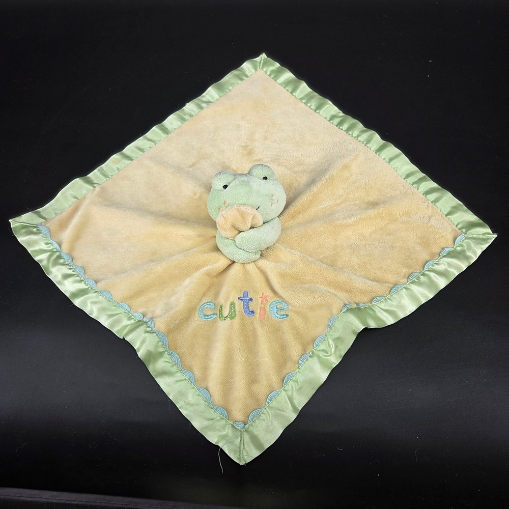 Just One Year Carters Frog Cutie Baby Security Blanket Lovey Yellow Green Satin